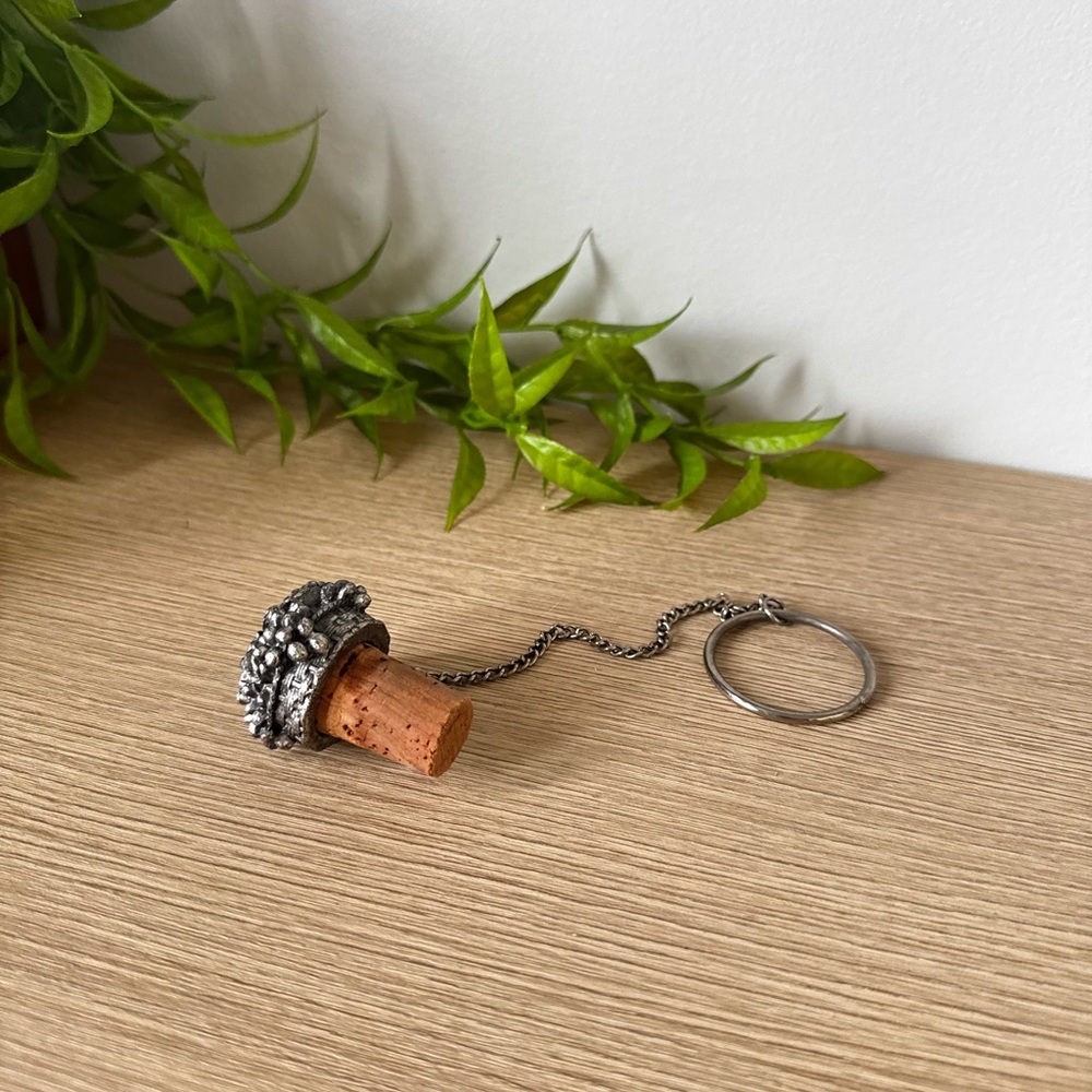 Silver and Brown Pewter Wine Bottle Stopper Keychain